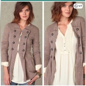 Free People Taupe Double-Breasted Knit Cardigan